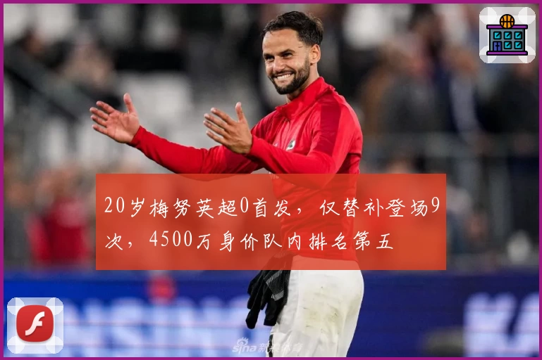 20岁梅努英超0首发，仅替补登场9次，4500万身价队内排名第五